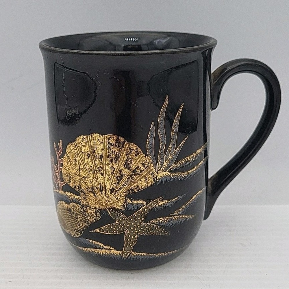 Vintage Otagiri Japan Coffee Mug Black Gold Seashells Nautical Retro 1980s 6oz